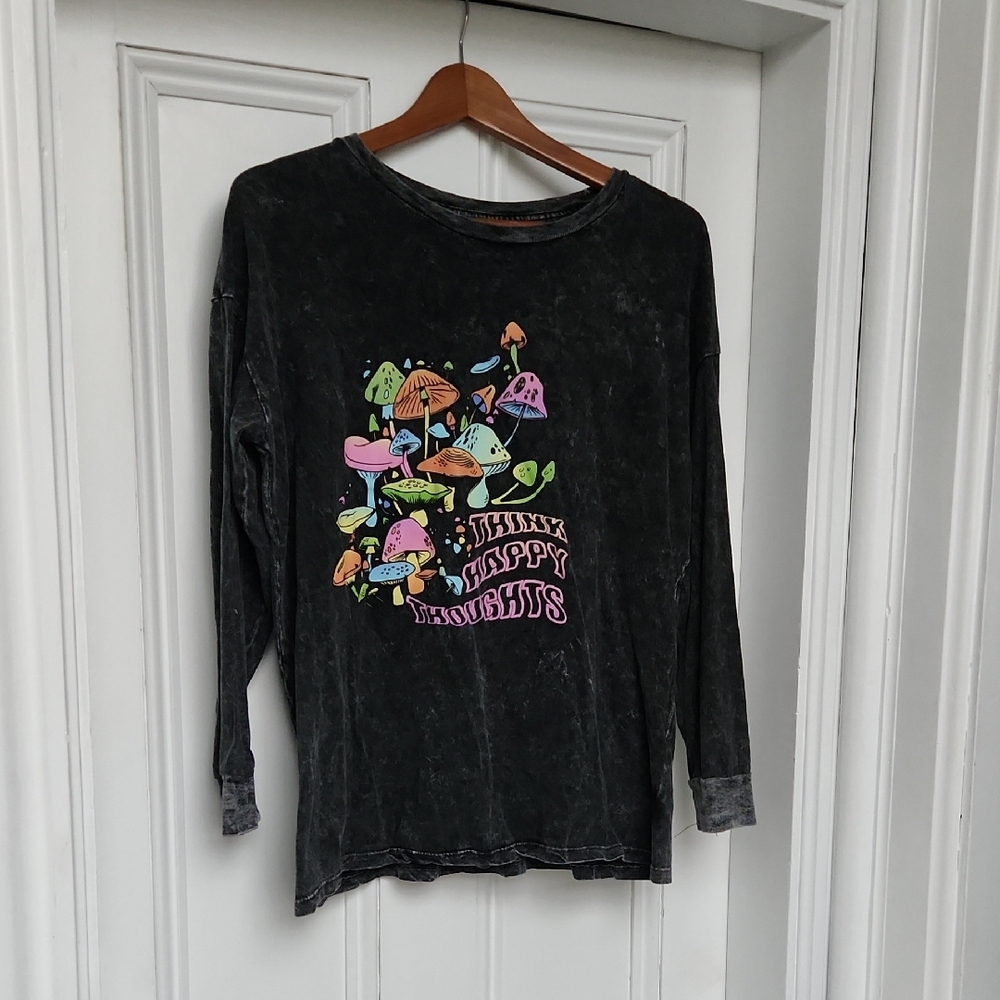 Mushroom Graphic Long Sleeve Shirt Womens Colorful Design Low Drop Shoulder Med